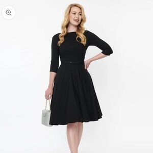 Black boat-neck belted midi dress NWT